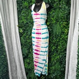 Jessica Simpson Dress Medium‎ White Tie Dye Halter Neck Maxi Ruched Side 3195